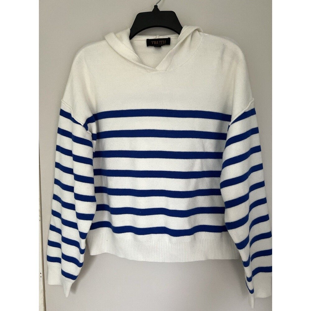 Truth by Republic Women's White/Blue Striped Knit Pullover Hoodie Sweater M